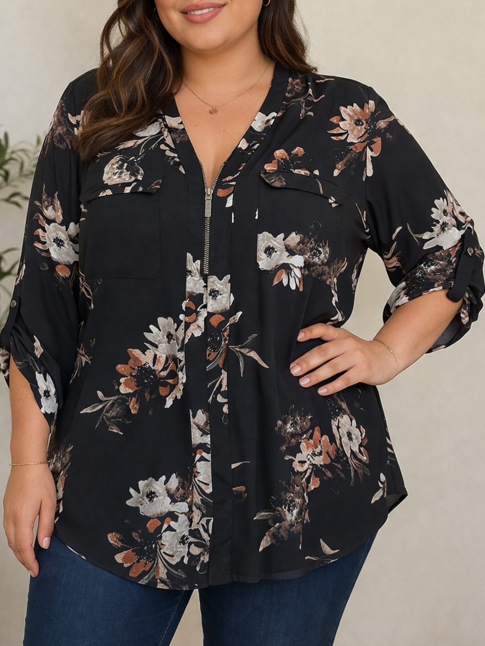 Womens Plus‎ Size Black Floral Zip Front Blouse Roll Tab Sleeves Boho Chic